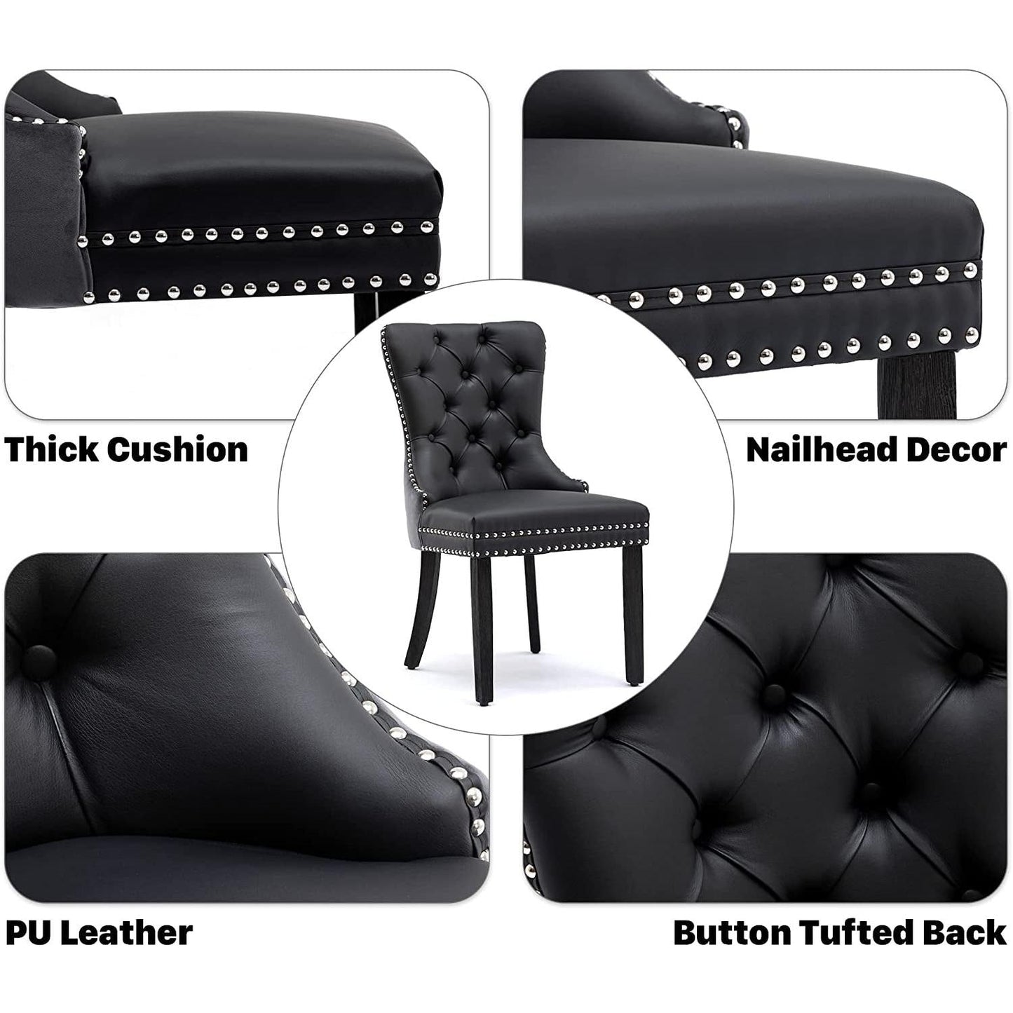 Velvet Dining Chairs Set Of 6 Black And Dark Grey Nailhead Trim showcasing thick cushion, nailhead decor, PU leather, and button tufted back.