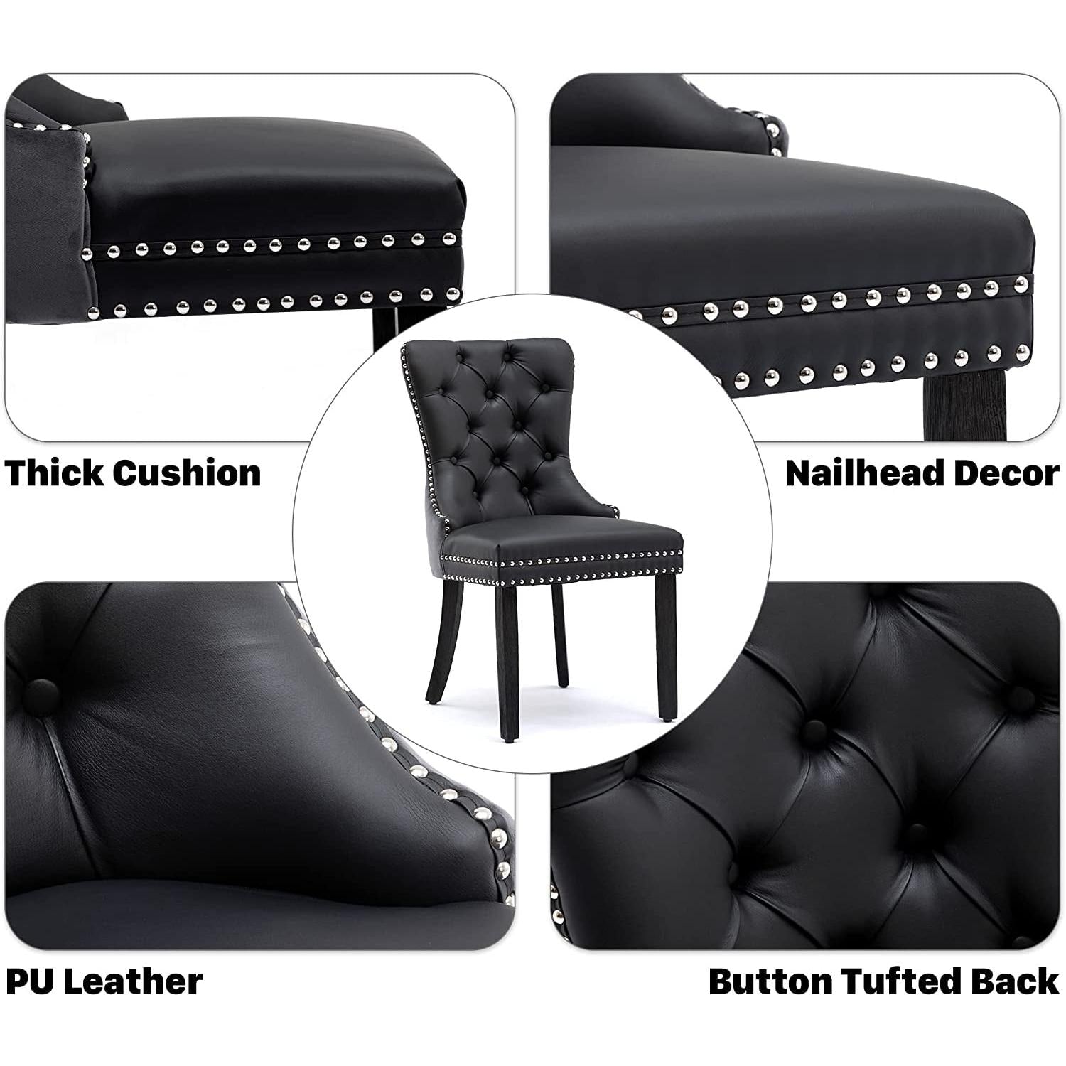 Velvet Dining Chairs Set Of 6 Black And Dark Grey Nailhead Trim showcasing thick cushion, nailhead decor, PU leather, and button tufted back.