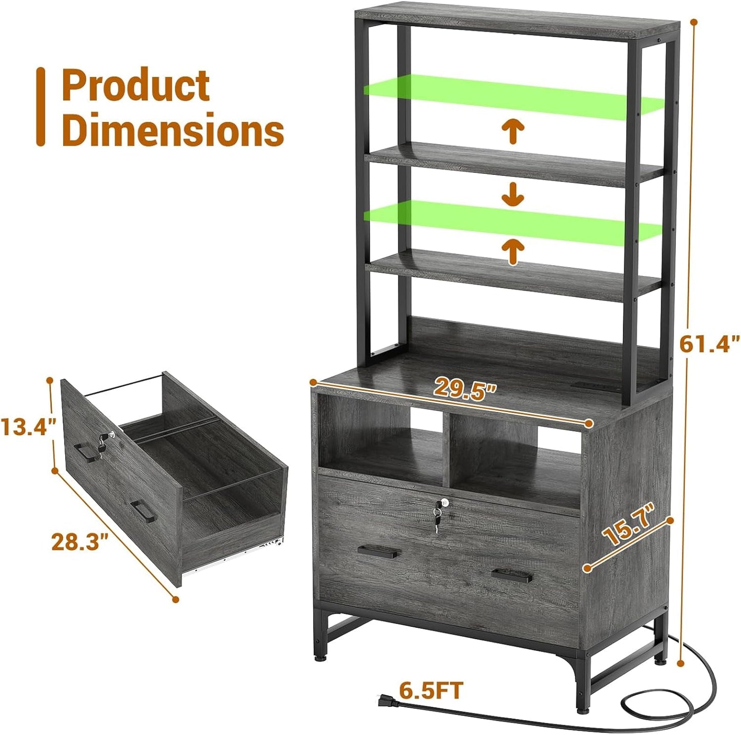 Grey File Cabinet With Charging Station And Locking Drawer