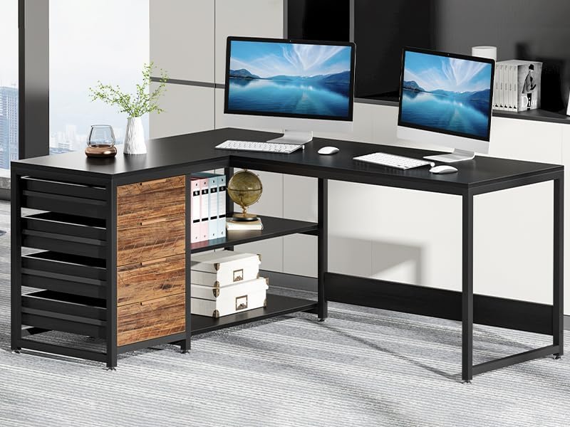 59 Inches L-Shaped Computer Desk with Drawers and Storage Shelves