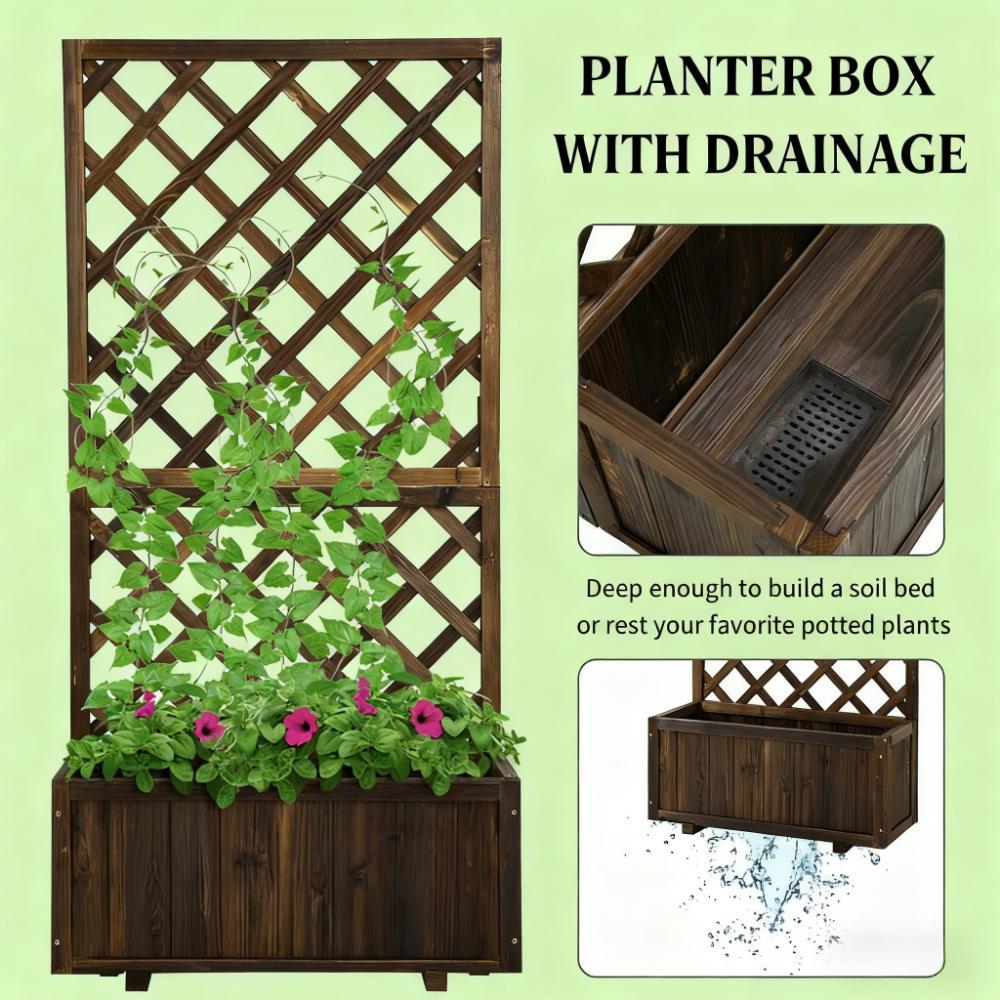 Garden Bed, Wooden Raised Garden Bed Planting Planter Box with Trellis and Drain Holes