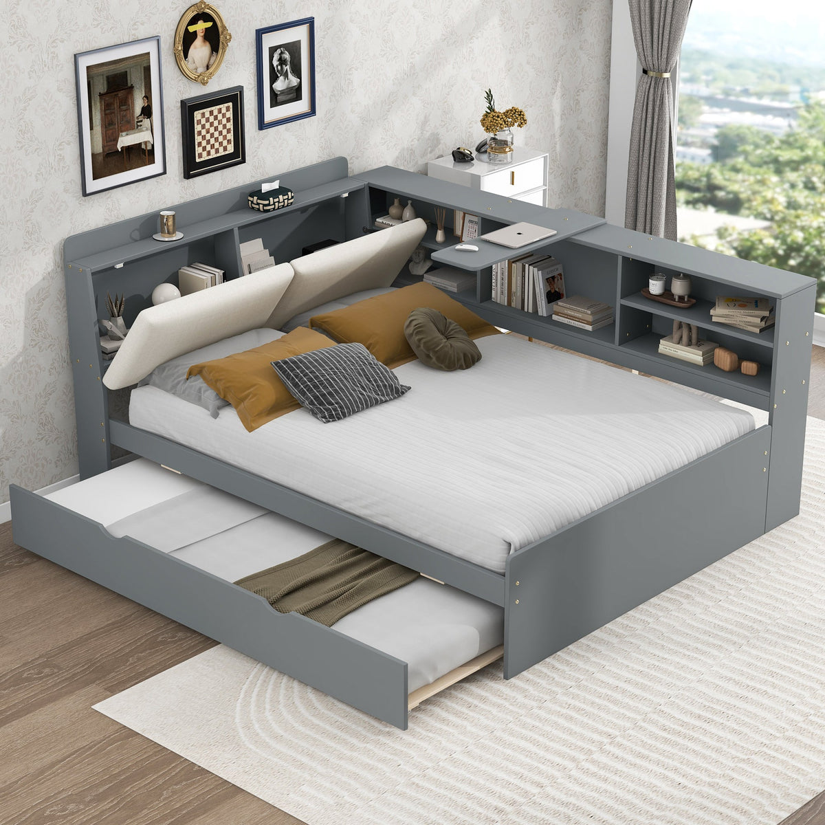 Wood Full Size Platform Bed with Trundle, Shelves and Storage Headboard