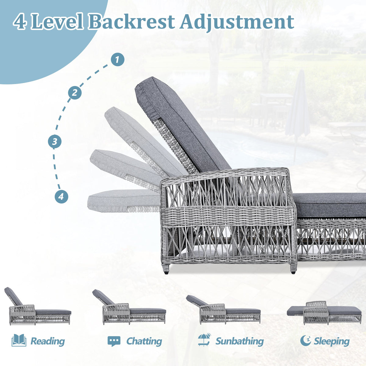 GO Outdoor Long Reclining Chaise, Wicker Lounge with Armrests