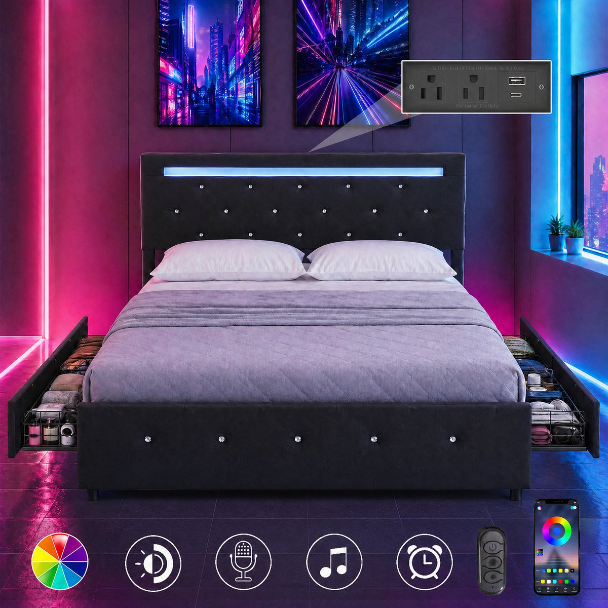 Full Size Bed Frame With LED Light And 4 Storage Drawers