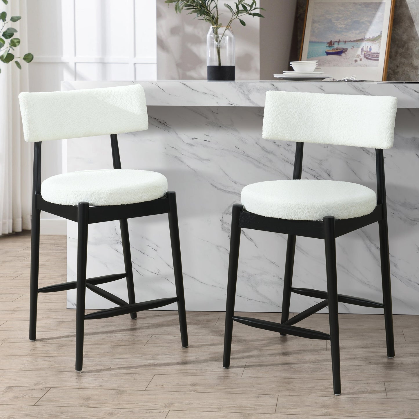 Mid Century Modern Counter Stool Set of 2 - Black & Beige