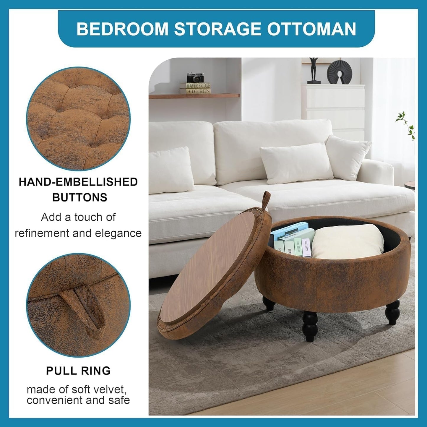 24 Inch Upholstered Storage Ottoman Featuring Tray