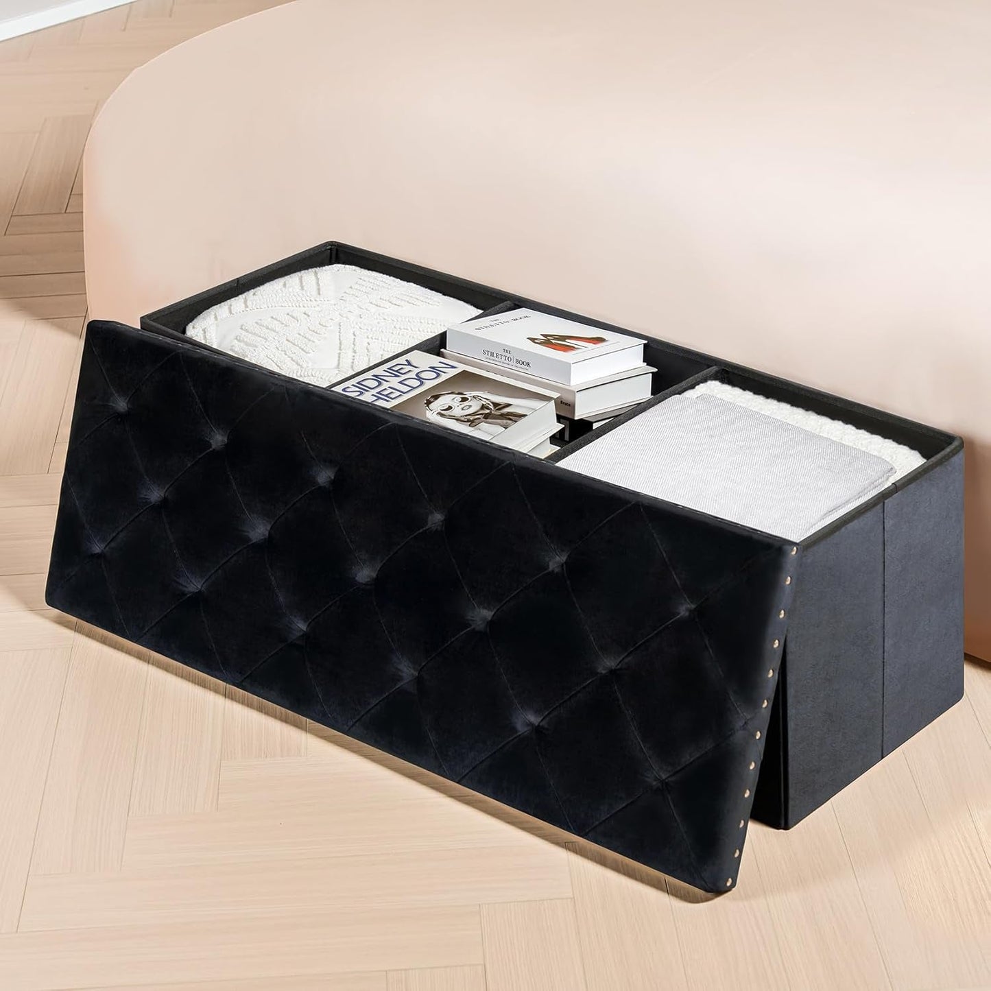 Jet Black Storage Ottoman Bench Seat 43.3 Inch Length