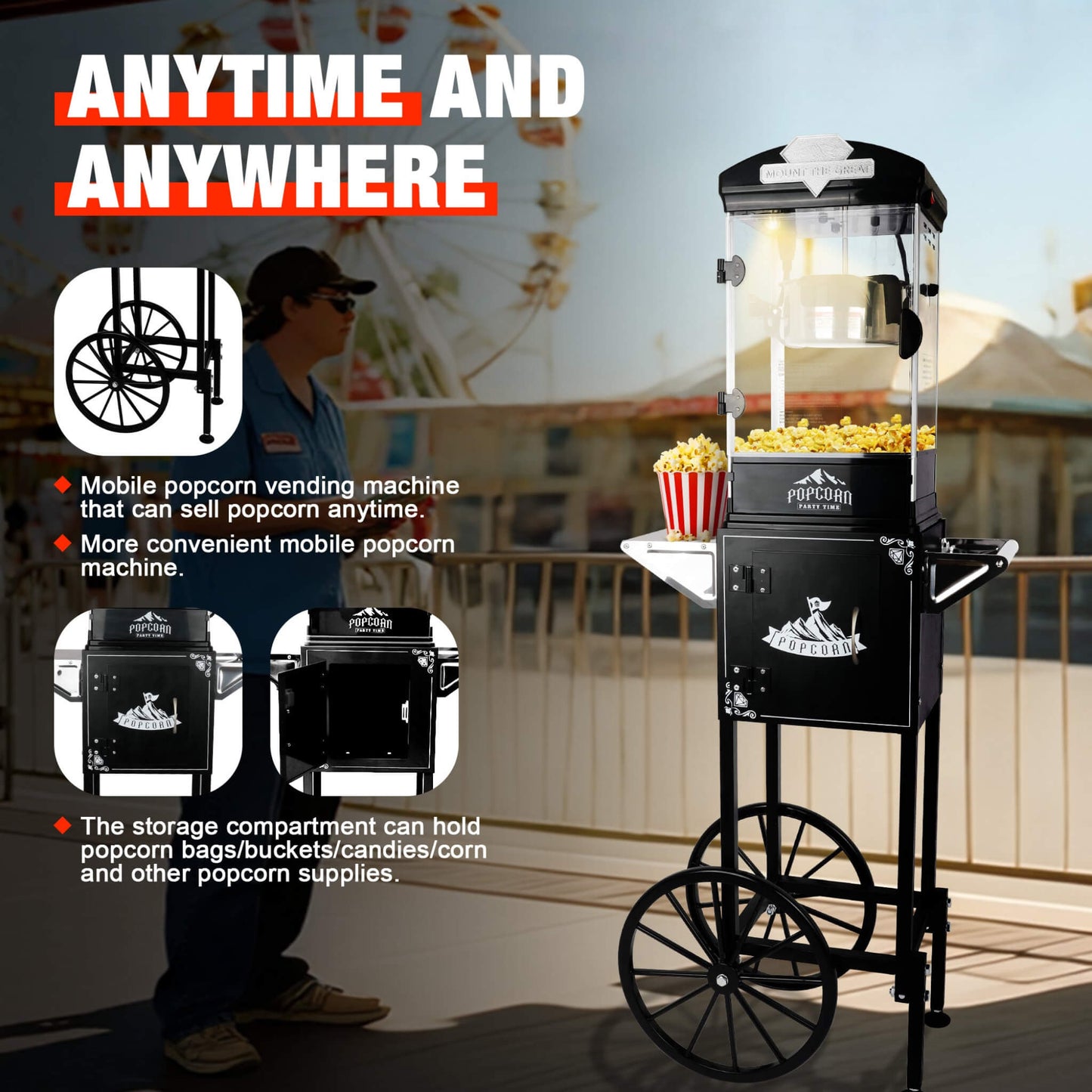 Premium 10OZ Portable Kettle Popcorn Maker Machine With Cart (SAK42196)
