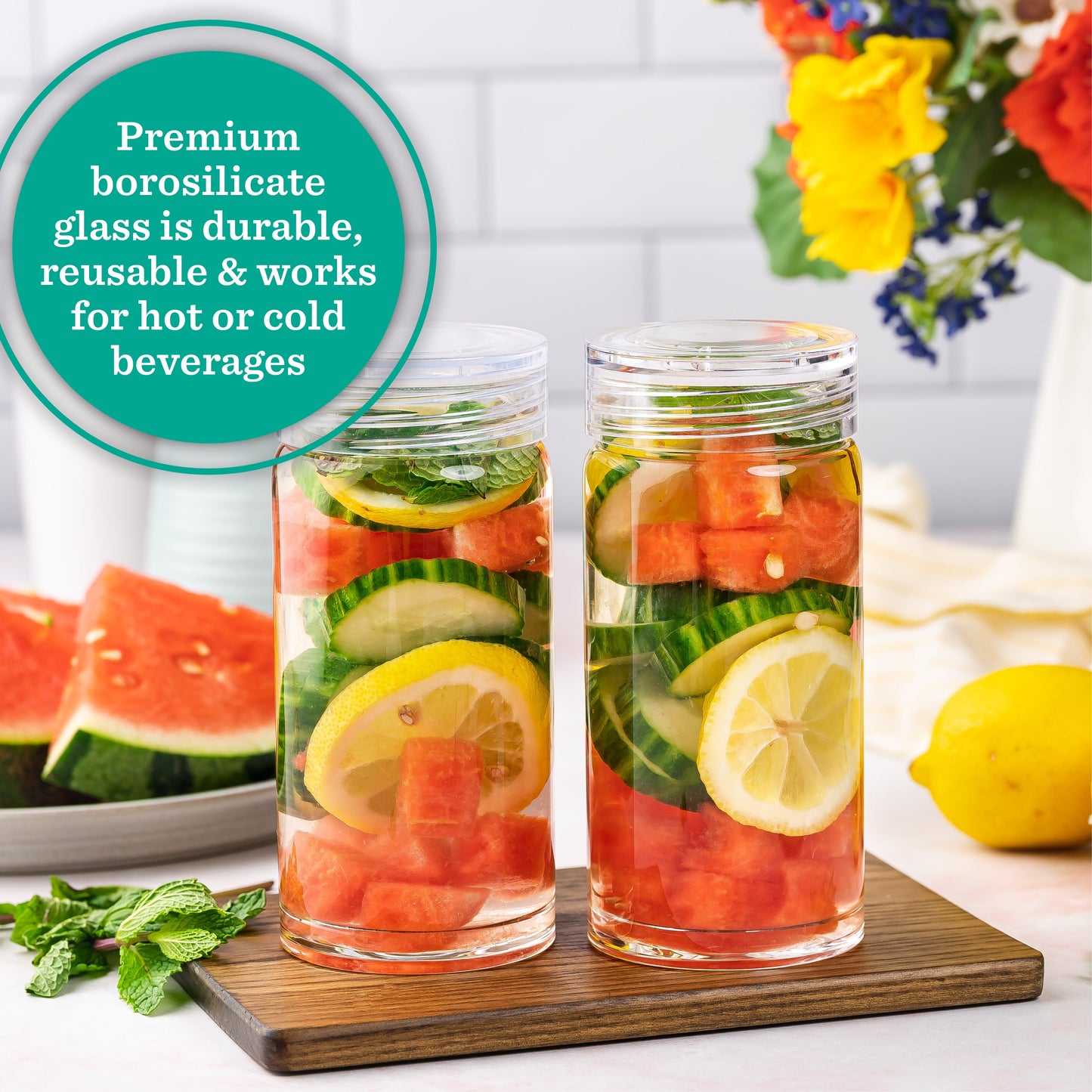 Skinny Series Glass Bottles Set w/ Crystal Clear Lids, 10 oz