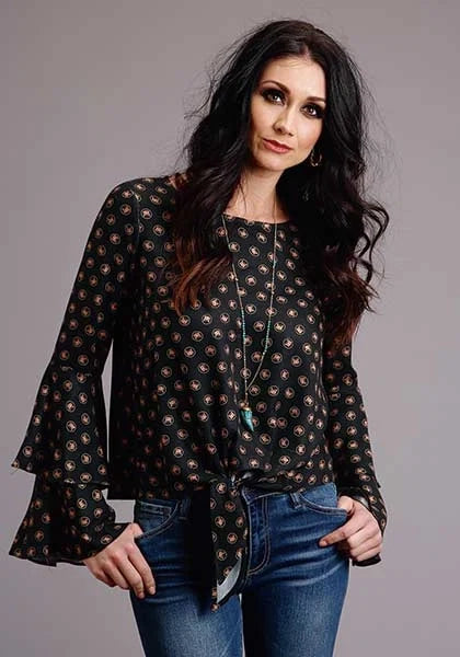 Stetson 00442 Horse Polkadot Bell Sleeves (Black) - Women's Blouse