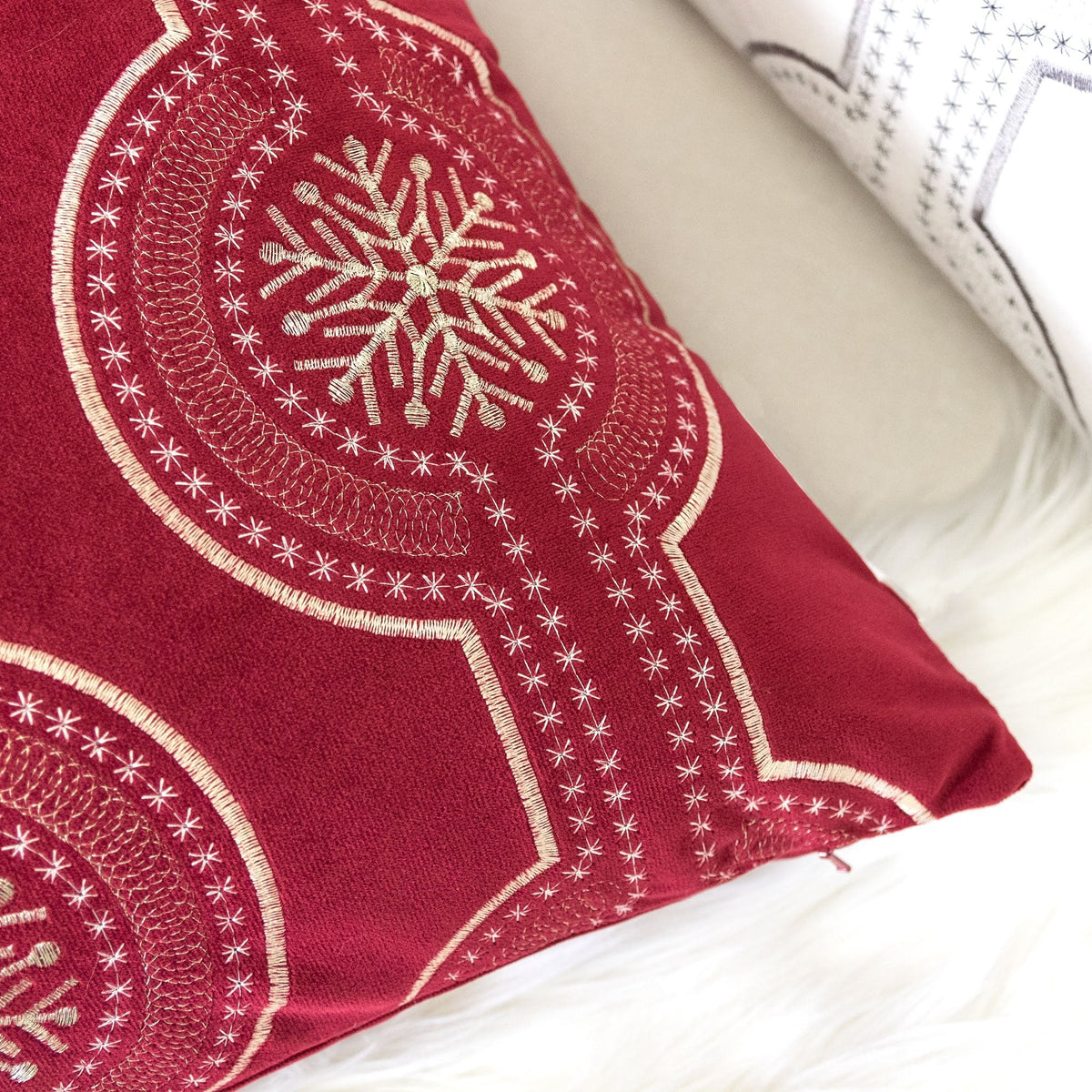 Red Holiday Embroidered Velvet Throw Pillow with Insert