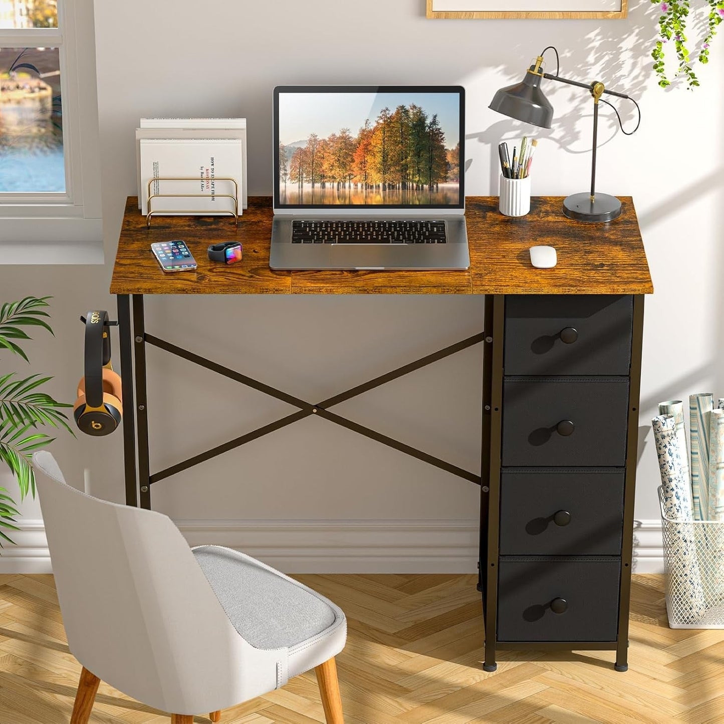 Rustic Brown Home Office Computer Desk With Fabric Drawers