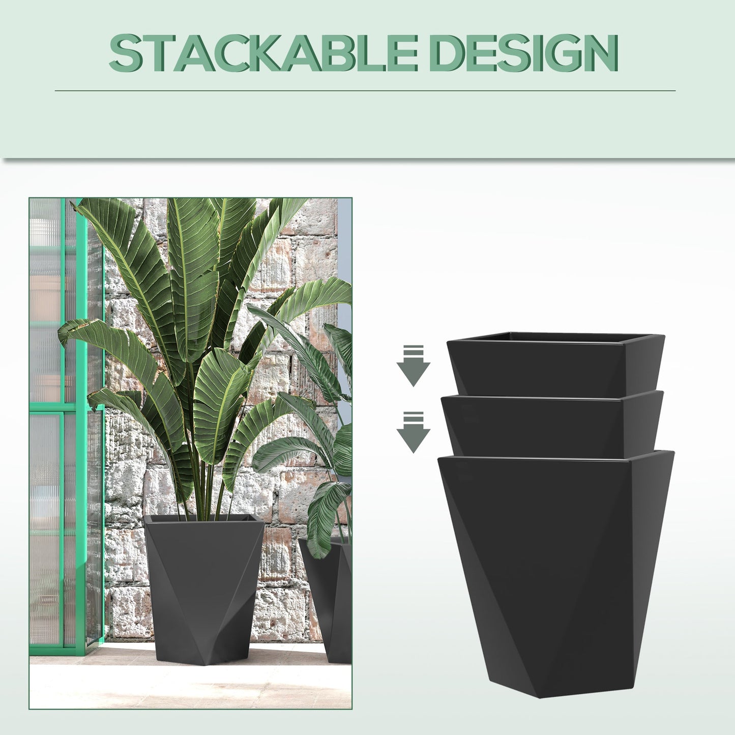 Outsunny Set of 3 Tall Planters, 18', 15.25', 11.75', MgO Indoor Outdoor Planters with Drainage Holes, Stackable Flower Pots for Garden, Patio, Balcony, Front Door, Black