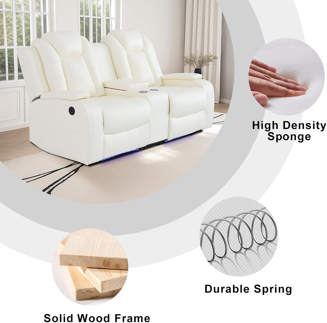 Living Room Set Leather Sofa Power Recliner Creamy White
