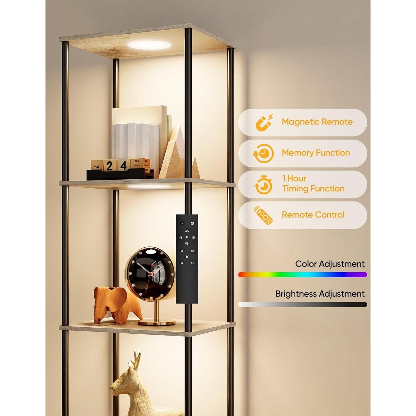Display Shelf Floor Lamp With RGBW Light Gray Five Tier