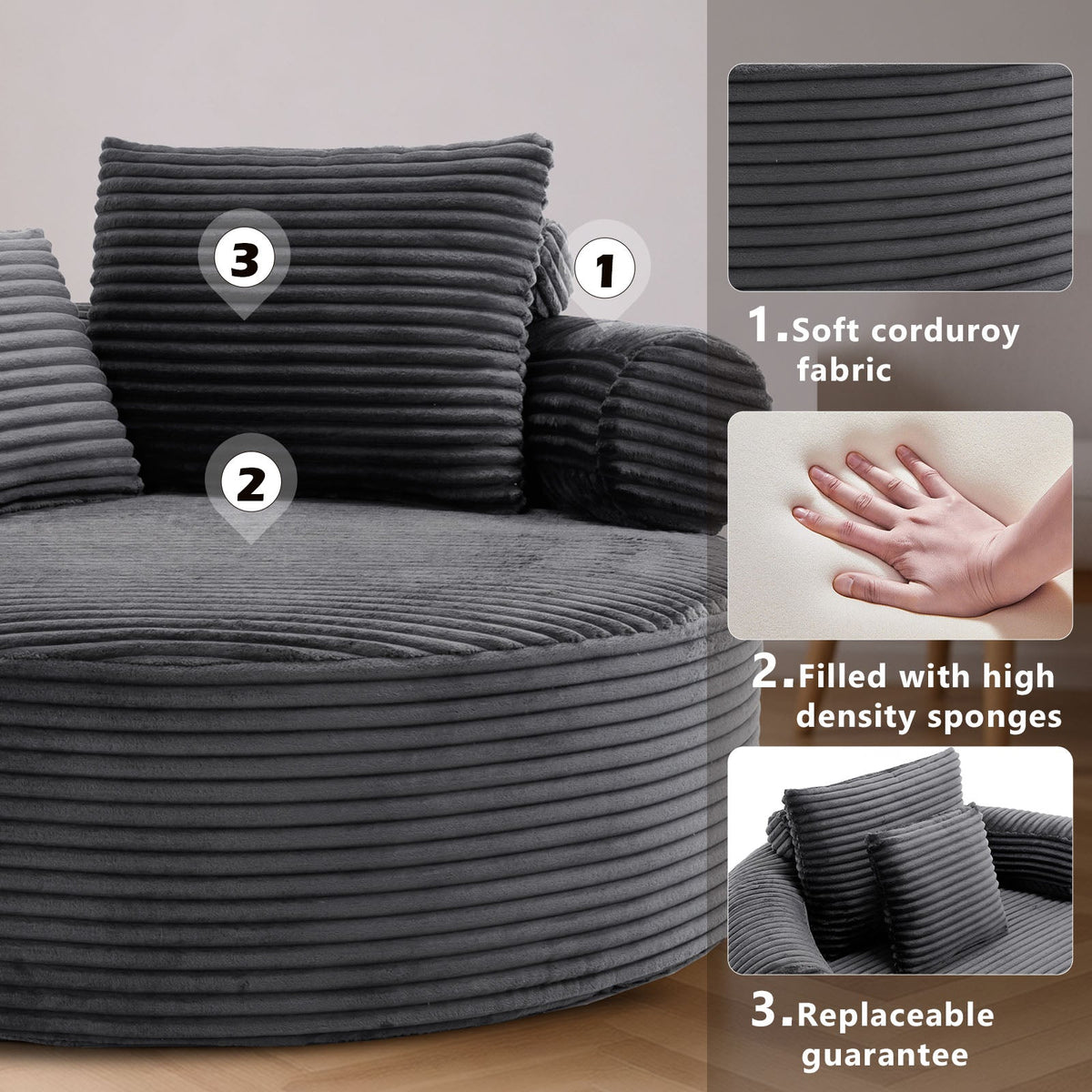 Round Sofa Bed with Memory Foam Sectional Couches