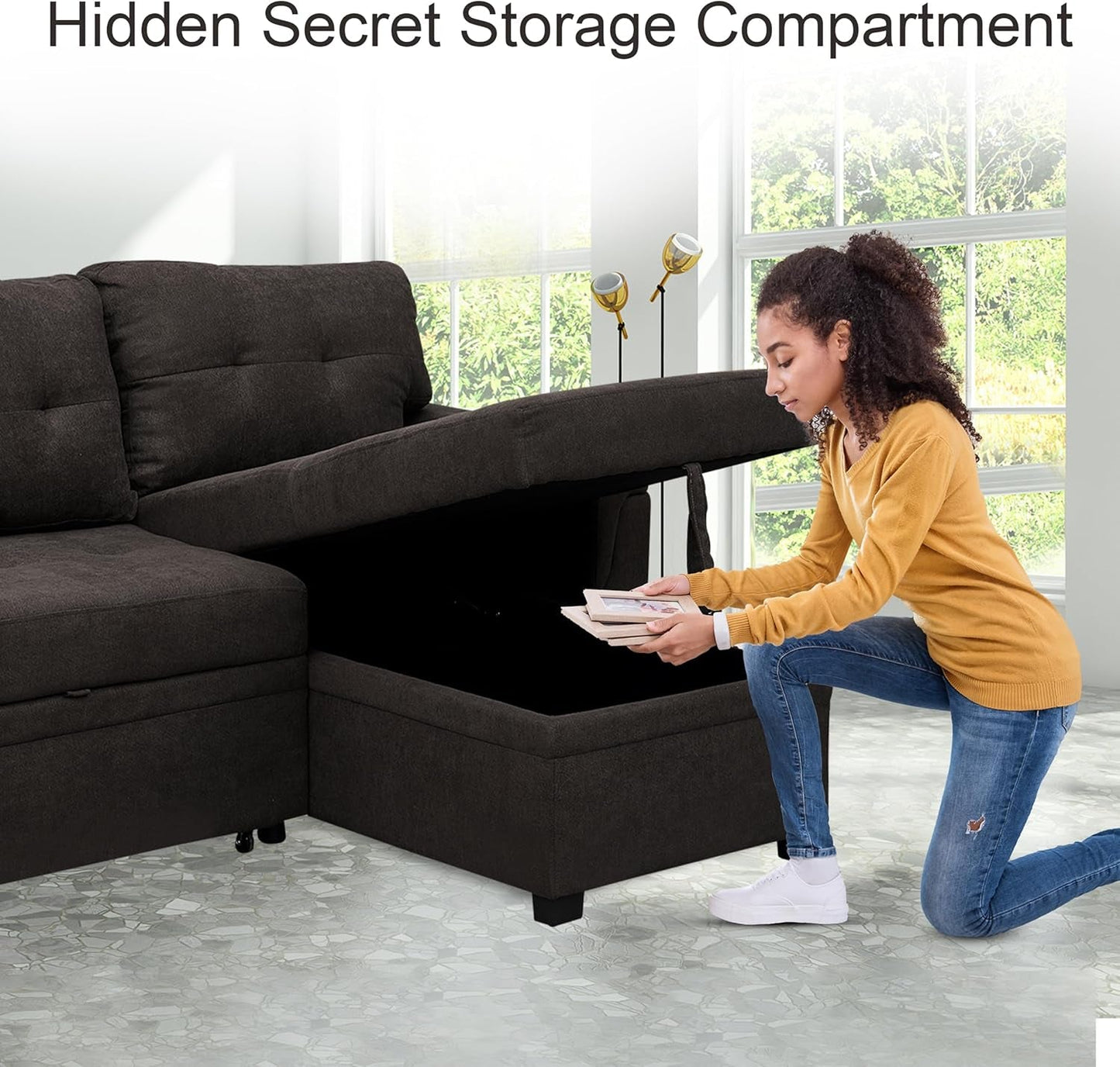 Espresso Velvet Sleeper Sectional Sofa Bed Chaise Set