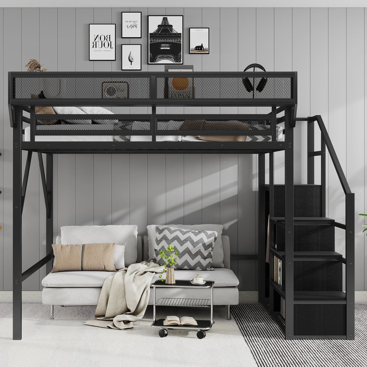 Queen Size Loft Bed with Stairs, Metal Loft Bed with Storage Shelves