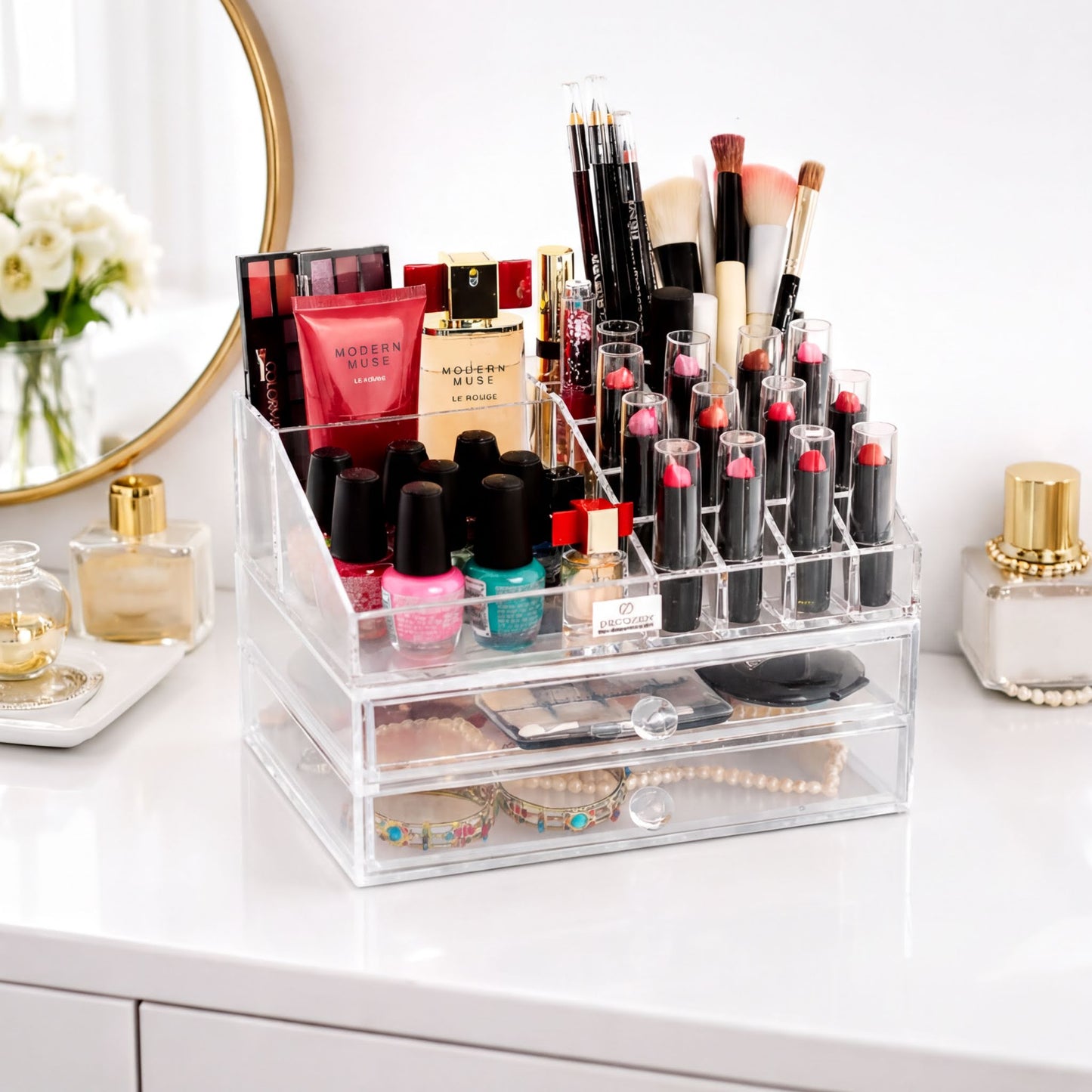 Clear Makeup Organizer - Acrylic Cosmetic Storage Box with 19 Slots & 2 Drawers
