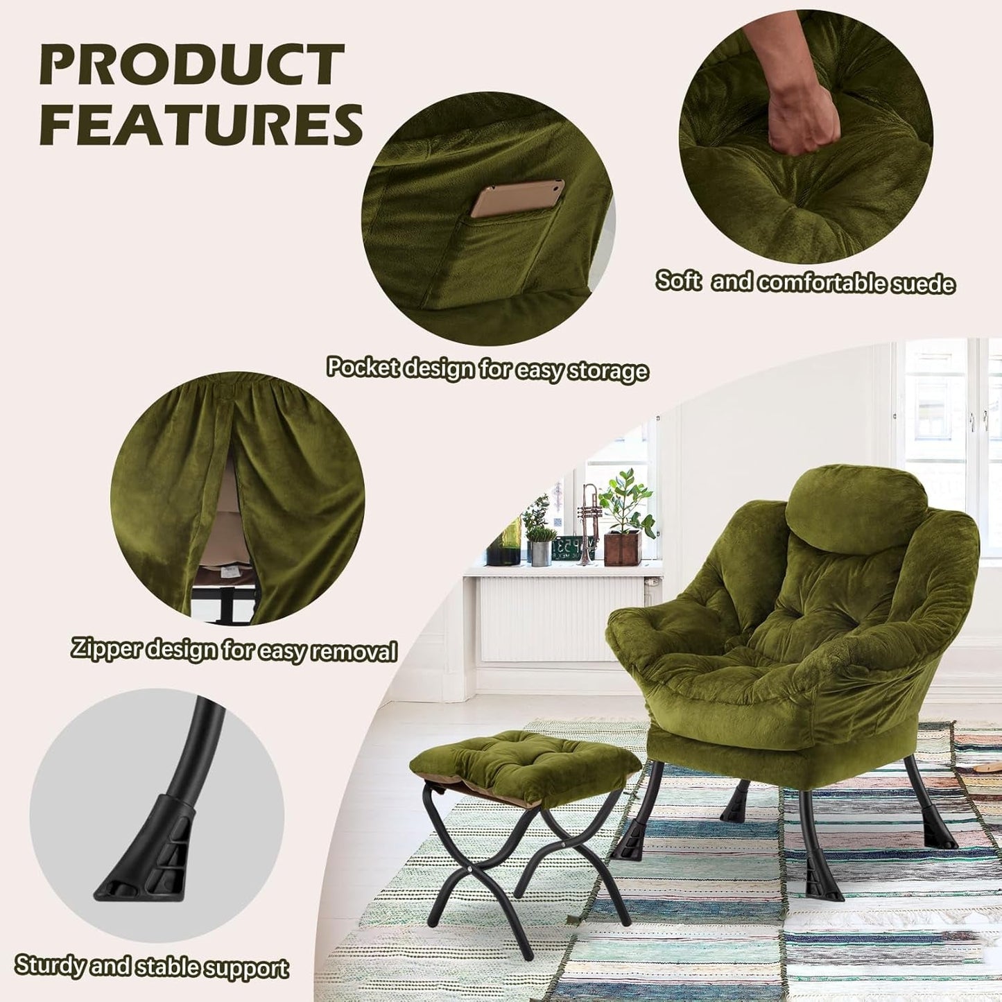 Plush Green Folding Ottoman Lounge Chair With Footrest