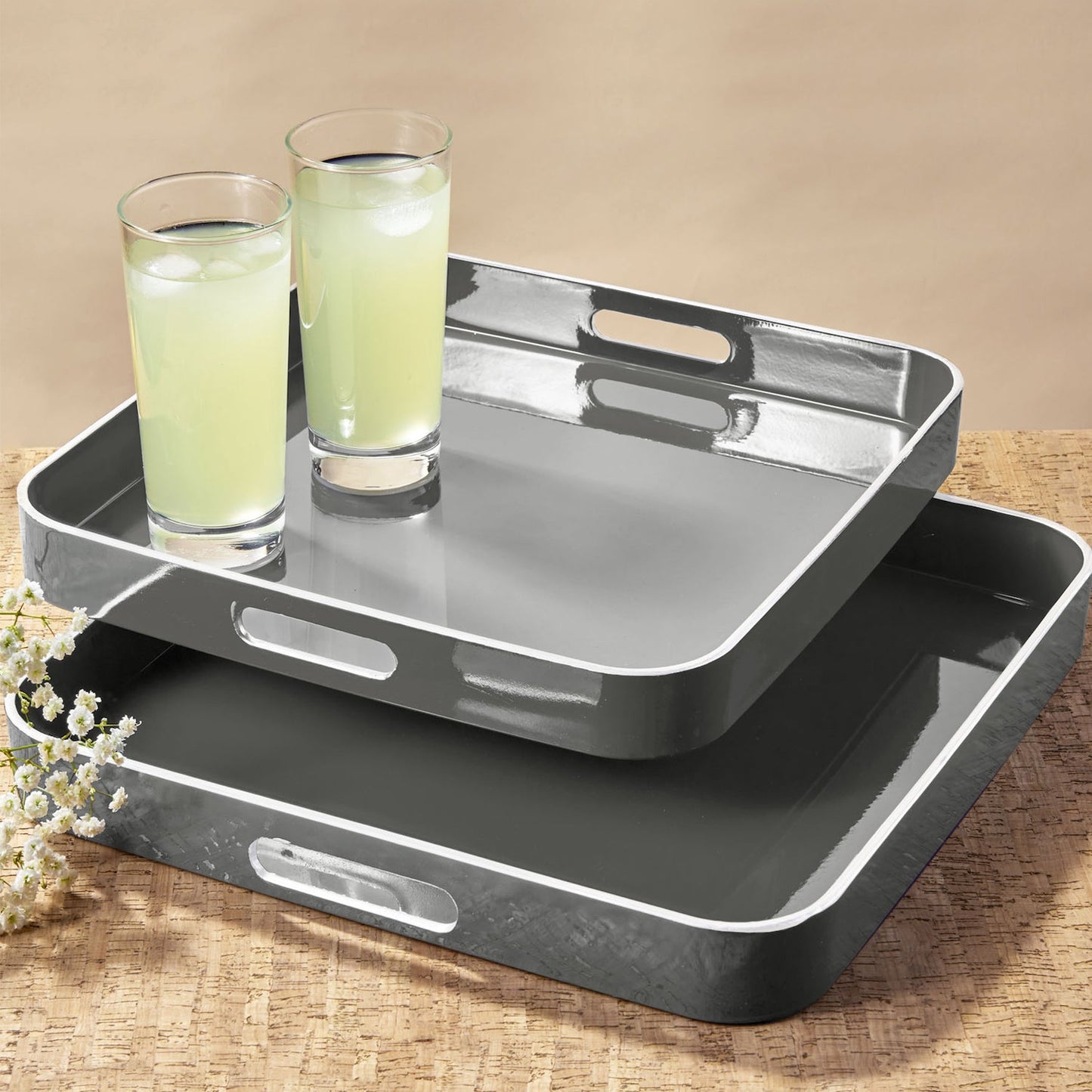 Gray Square Tray Set with White Rim, 2 Pieces