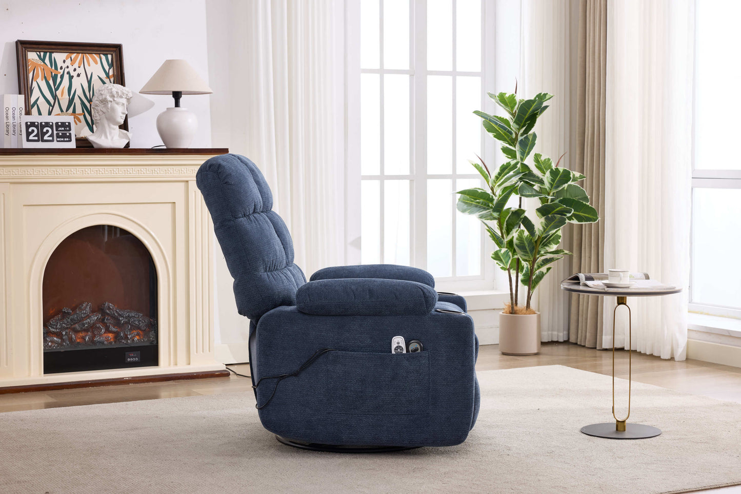 Heat Massage Manual Recliner Chair with Rocker and Swivel in Fabric for Living Room, Blue