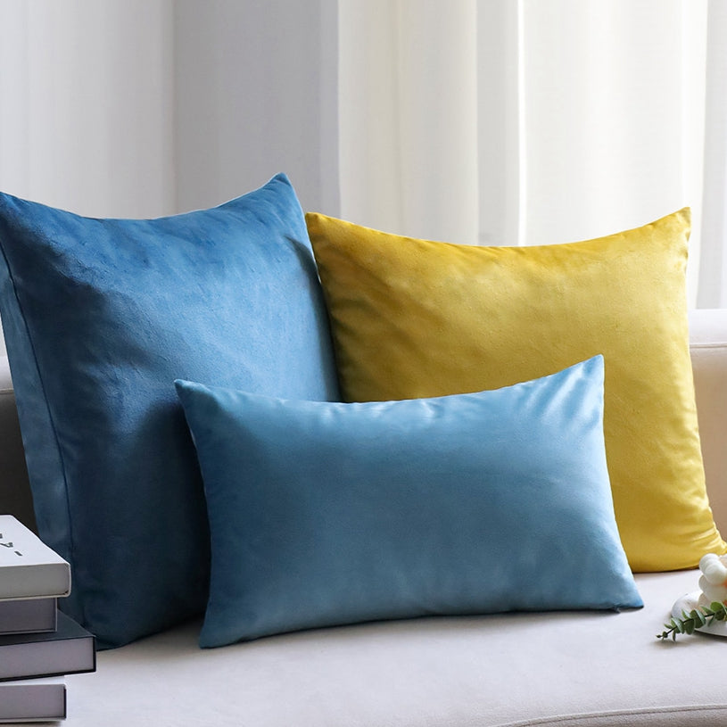Mixed well colors of two blues and one yellow  Pack of 3 velvet throw pillow covers and inserts included 3 sizes of 1 of 20"x20", 1 of 18"x18"and 1 of 12"x20", 20x20 inch.