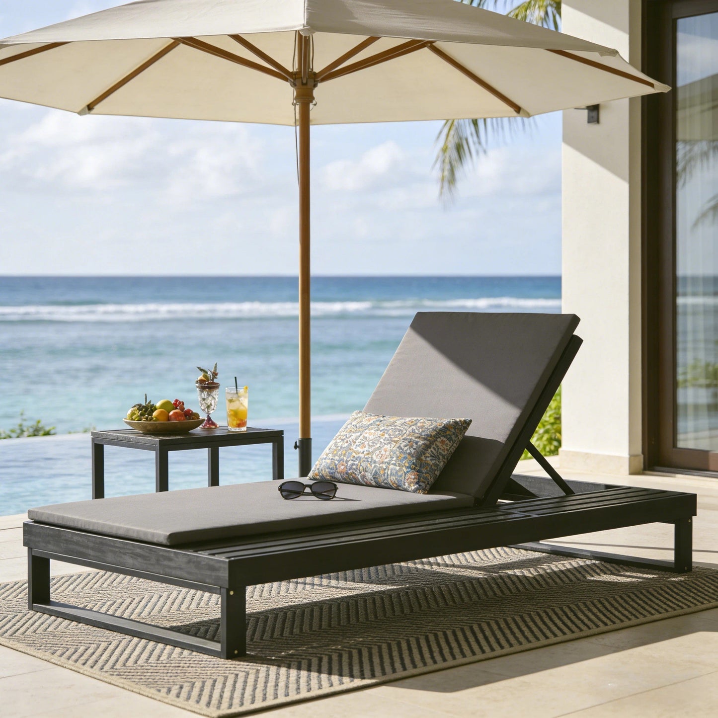 Black Acacia Wood Chaise Lounge with 1.57-Inch Cushion