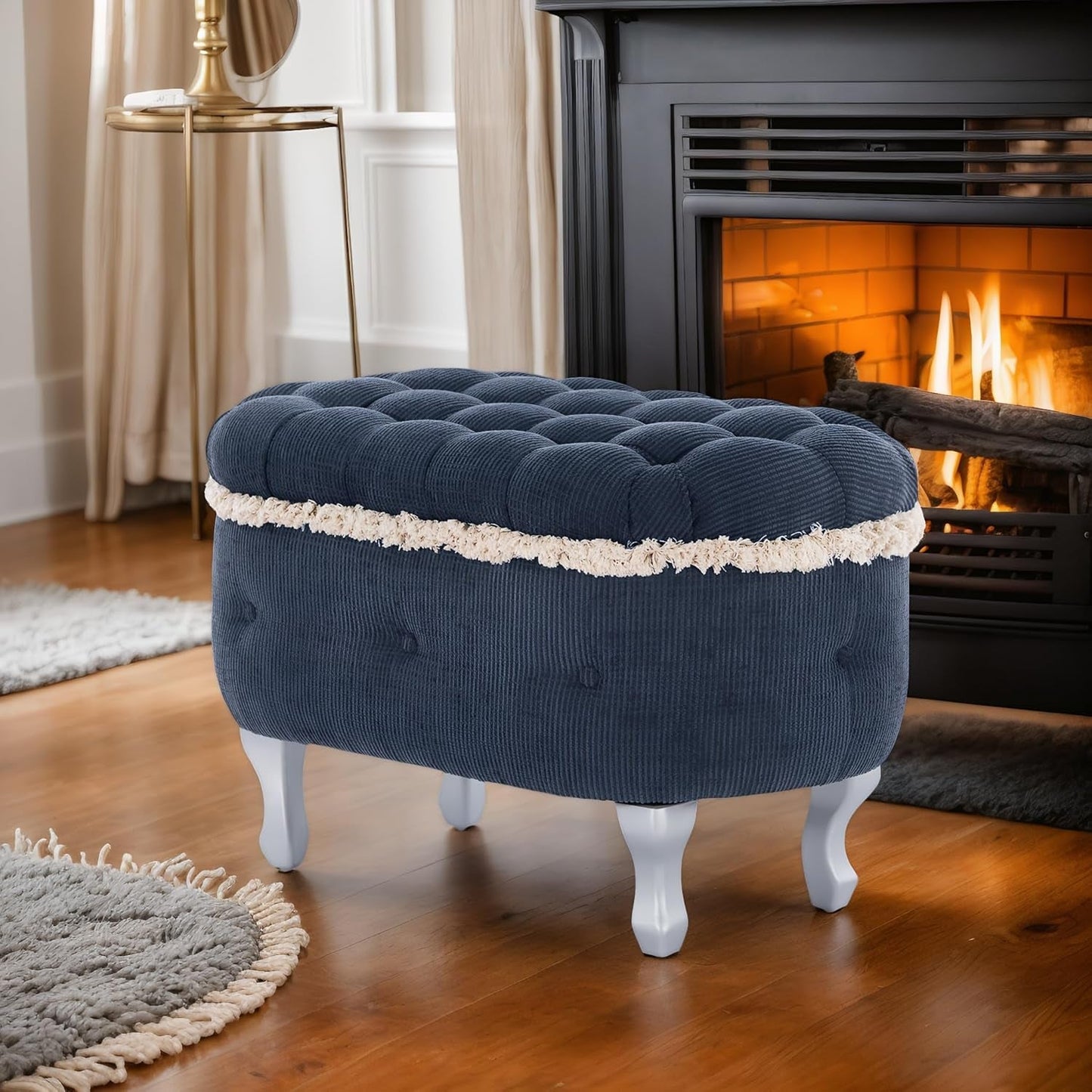 Blue 29.5 Inch Upholstered Storage Ottoman Cushion