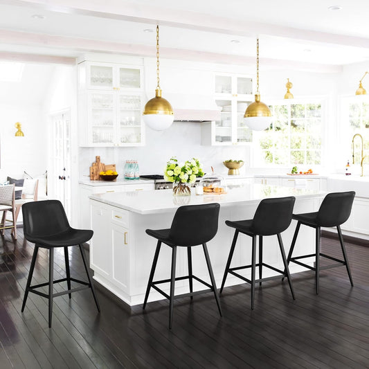 24 Inch Modern Bucket Bar Stool Set Of 3 With Back And Footrest In Faux Leather Black