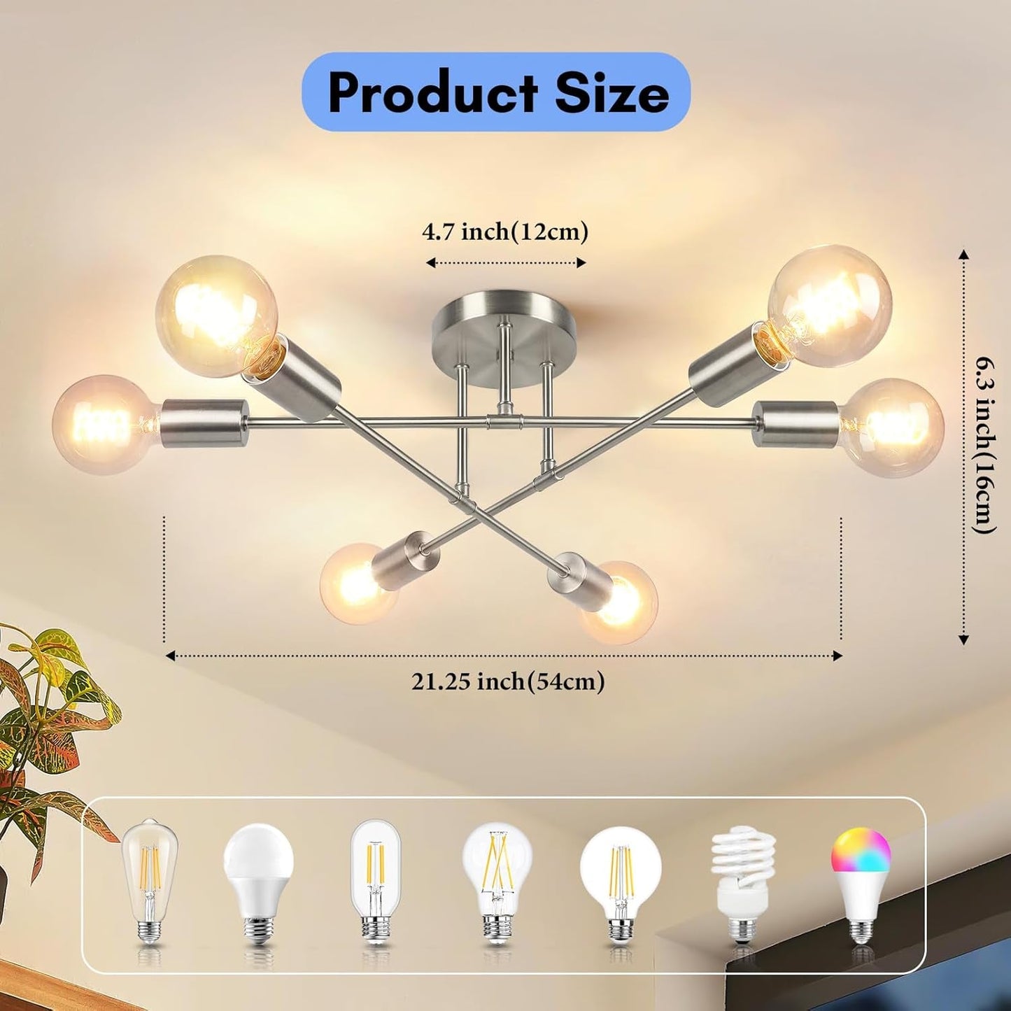 Six Light Sputnik Chandelier Brushed Nickel Fixture showcasing product size dimensions and light bulb options.