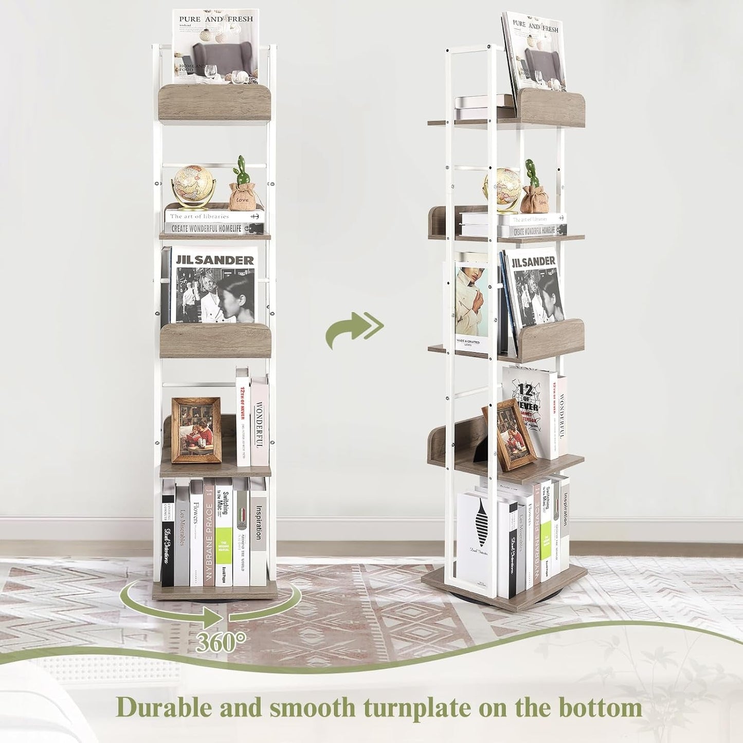 5-Tier Rotating Corner Bookshelf White Wood And Metal Slim