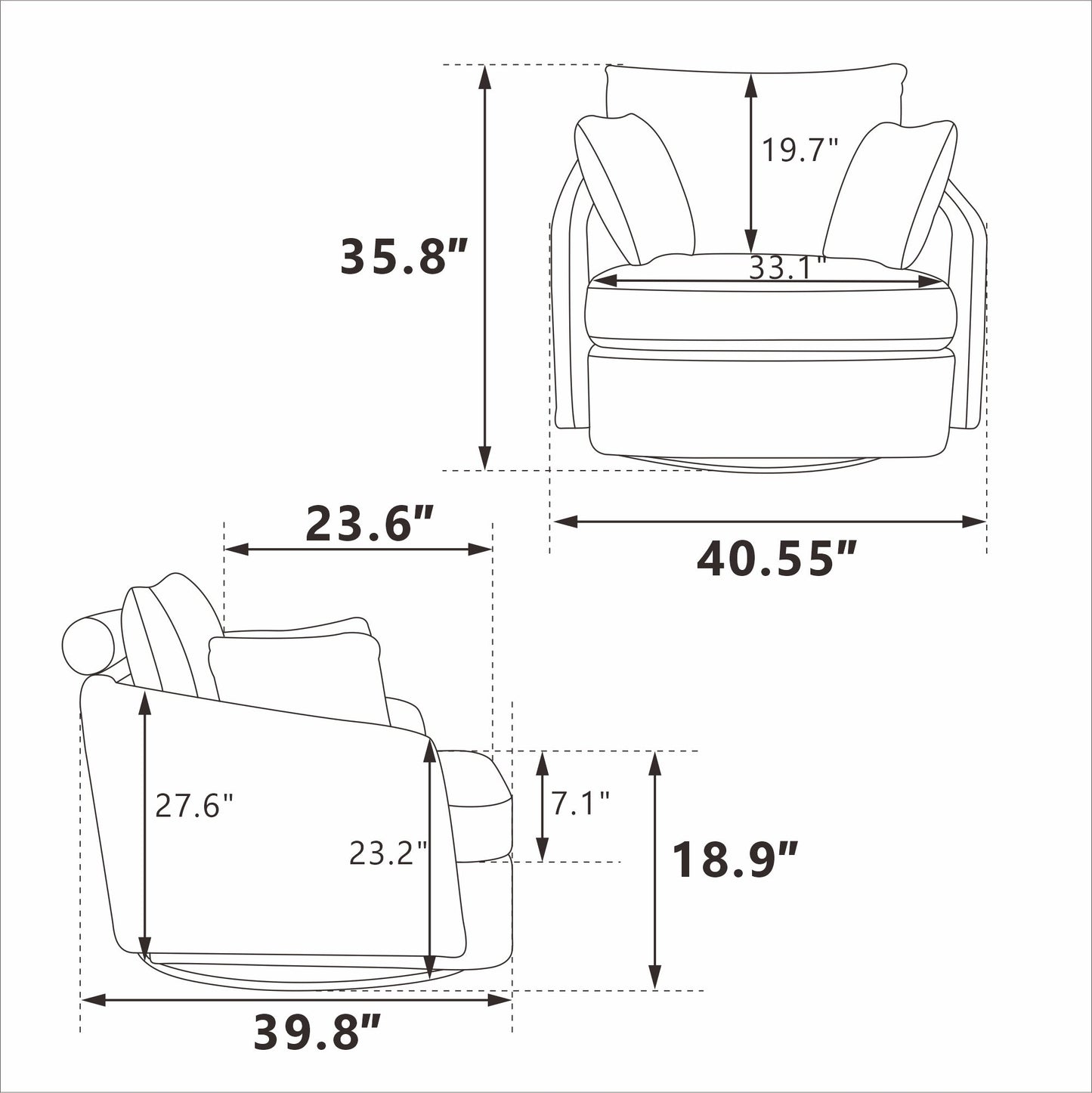40.55"W Swivel Accent Chair With 2 Throw Pillows