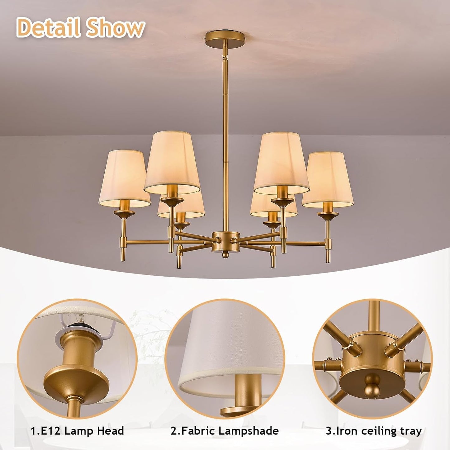 Gold Farmhouse Chandelier 6 Light Linen Shade Fixture