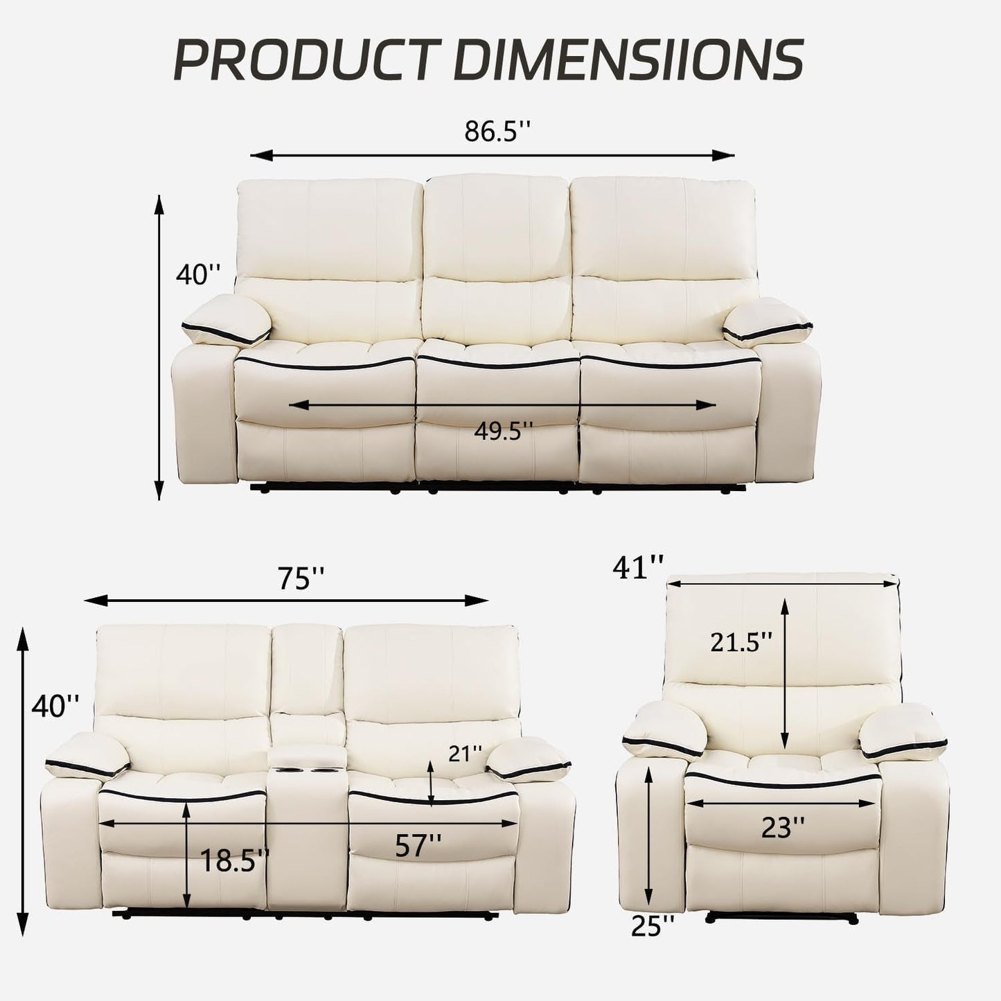 Creamy White Leather Recliner Sofa Set With Storage Console