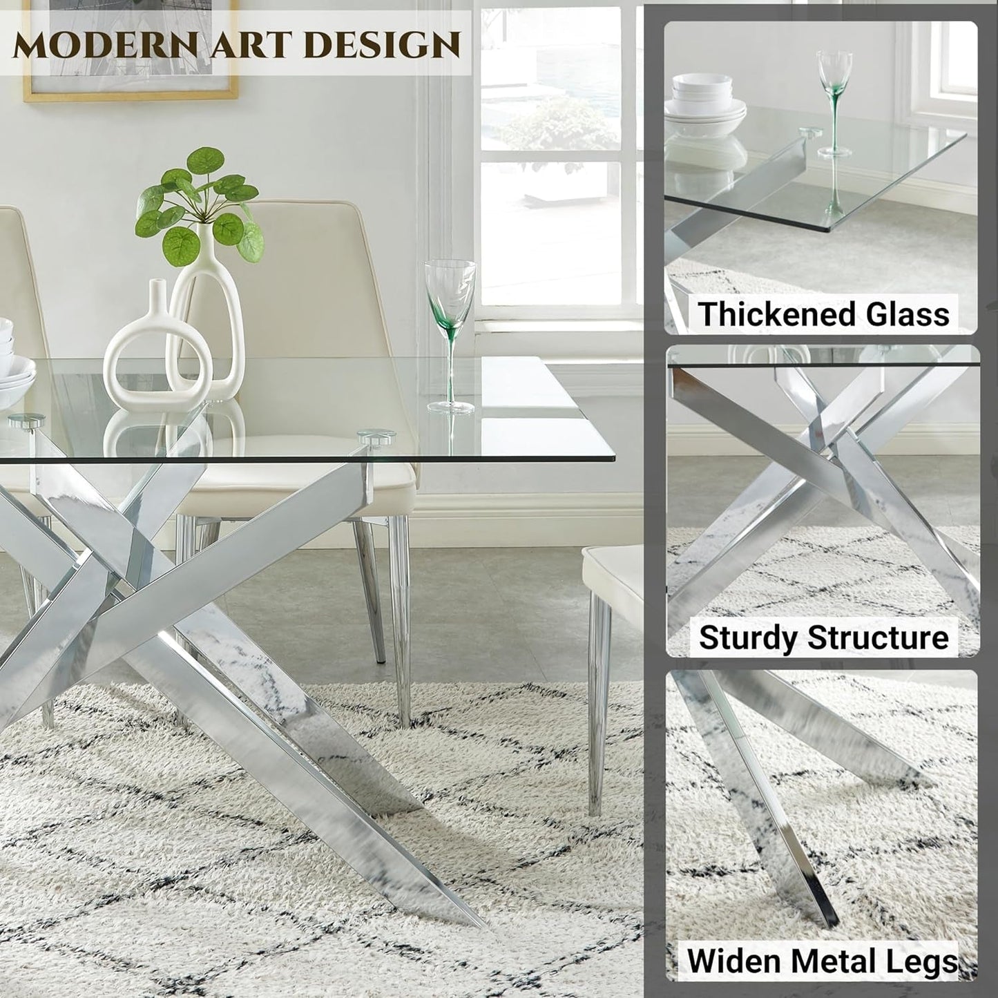 58.5 Inch Rectangular Glass Dining Table With Silver Finish