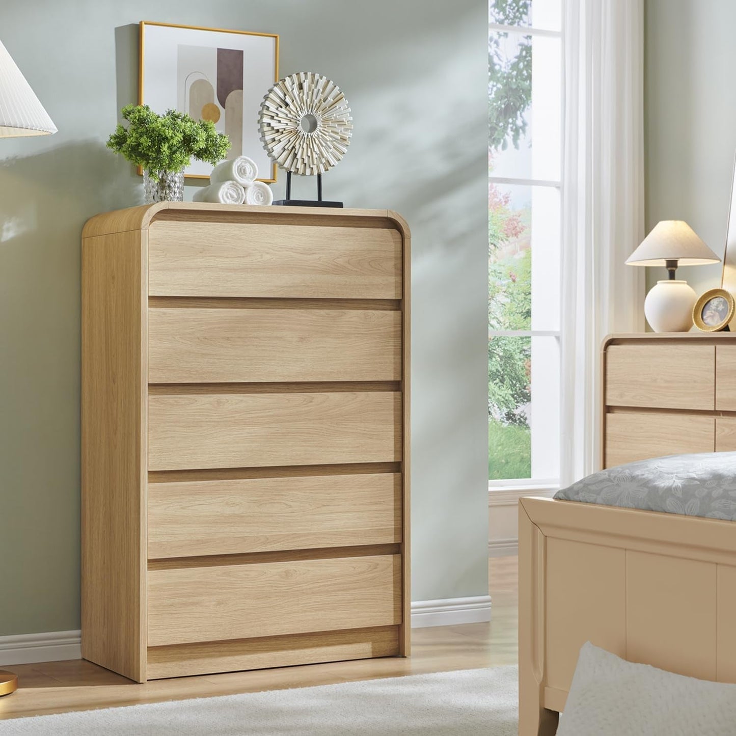 Vertical Dresser With Five Drawers In Natural Oakgrain