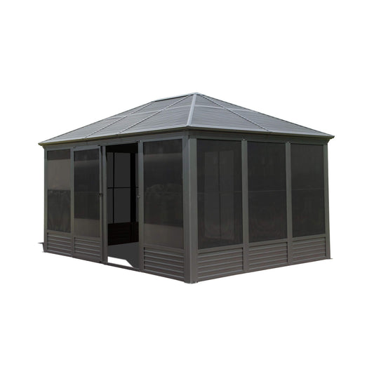 [11X14FT] Premium Four Season Outdoor Aluminum Hardtop Gazebo Sunroom With Galvanized Steel Roof, Sliding Doors And Movable PVC Screen Walls (SAK88776)