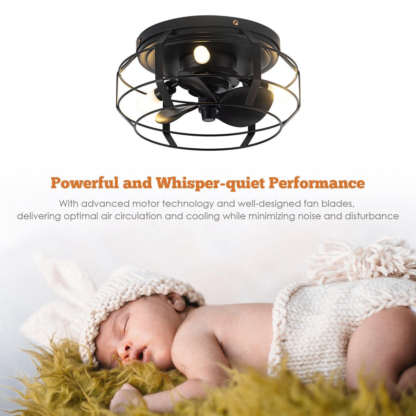 12" Flush Mount Low Profile Caged Small Ceiling Fan with Light and Remote Control