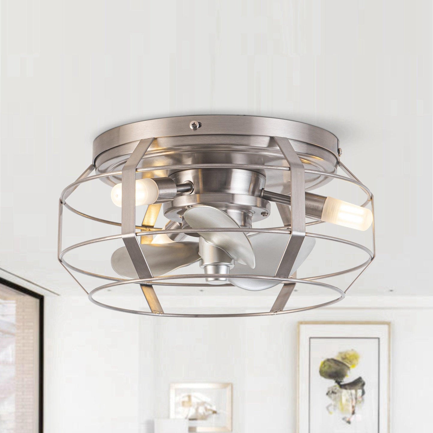 12" Flush Mount Low Profile Caged Small Ceiling Fan with Light and Remote Control