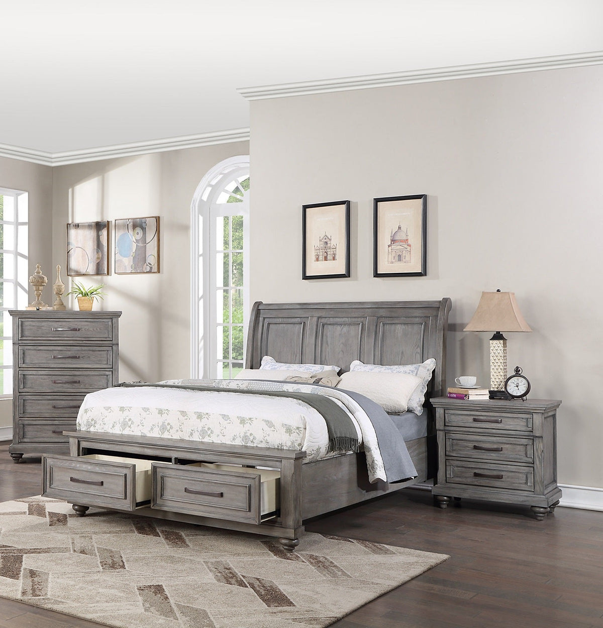 Vintage Queen Size Bed with Underbed Drawer and Nightstands