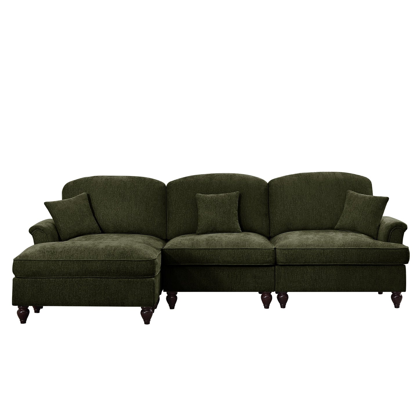 Mid Century Three Seater Modular L Shaped Sectional Couch with Flared Arms and Removable Ruffles Pleats Skirts and Spindle Legs, Comfy Chenille 3-Seat Deep Seat Sofa with Movable Ottoman,Green