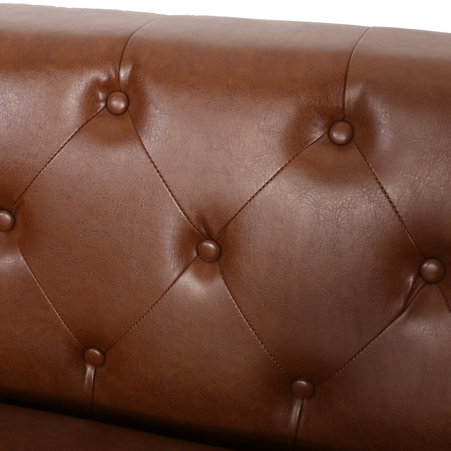 Contemporary 3-Seater Sofa with Tufted Design in Light Brown PU and Wood Accents