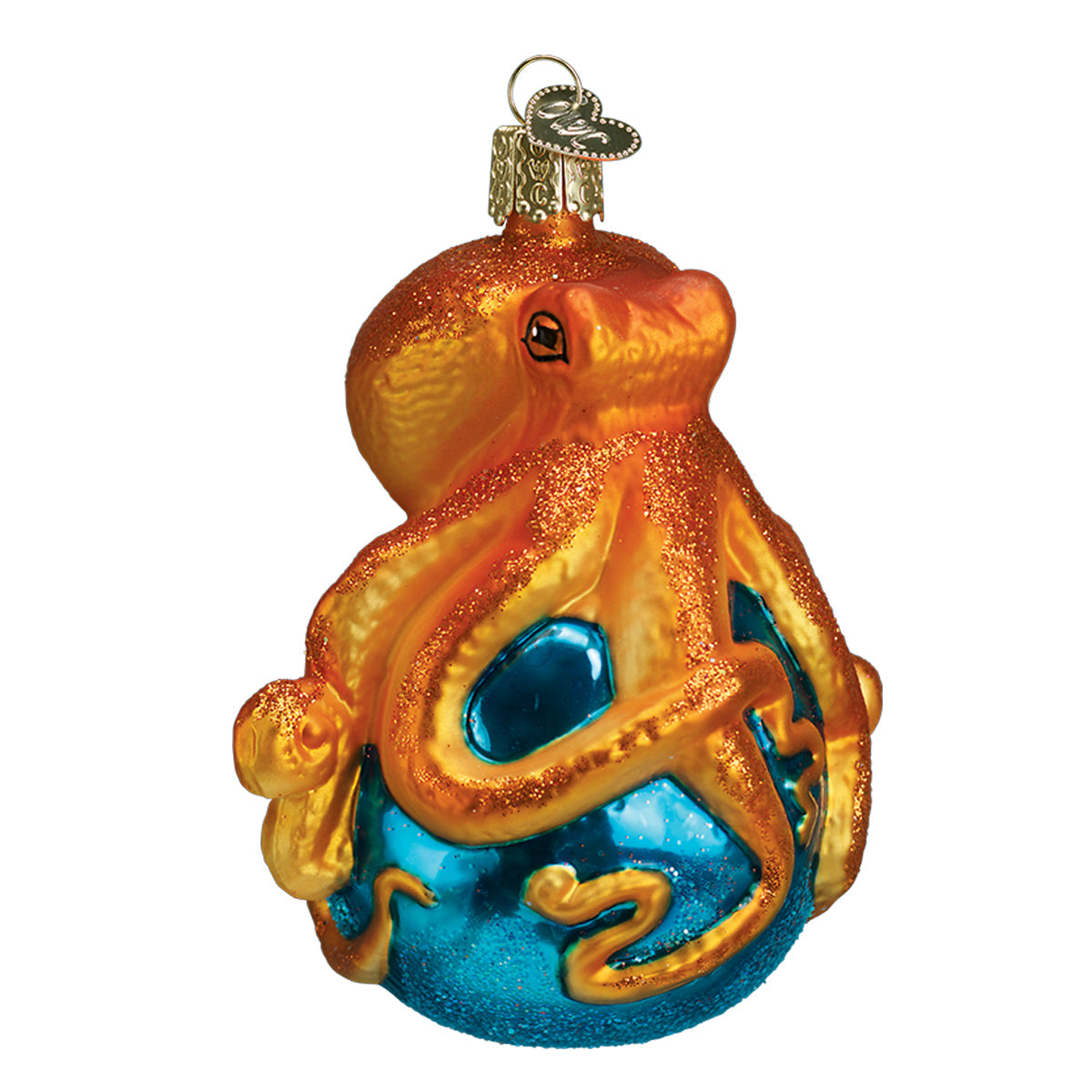 Glass ornament of an octopus with a blue sphere on a white background