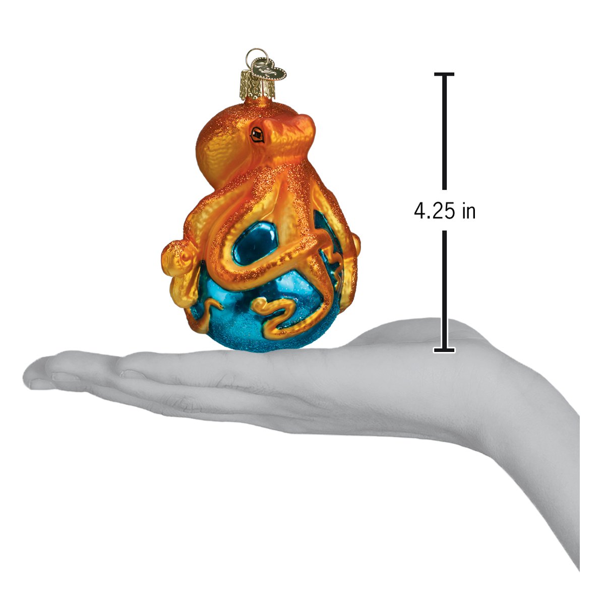 Decorative octopus ornament on a hand with a measurement label indicating 4.25 inches.