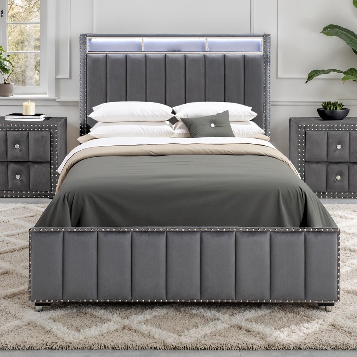 Contemporary 3pc Bedroom Set Full Size Bed 2x Nightstands Bedroom Furniture Dark Gray Fabric Upholstered Bedframe w LED Nailhead Trim