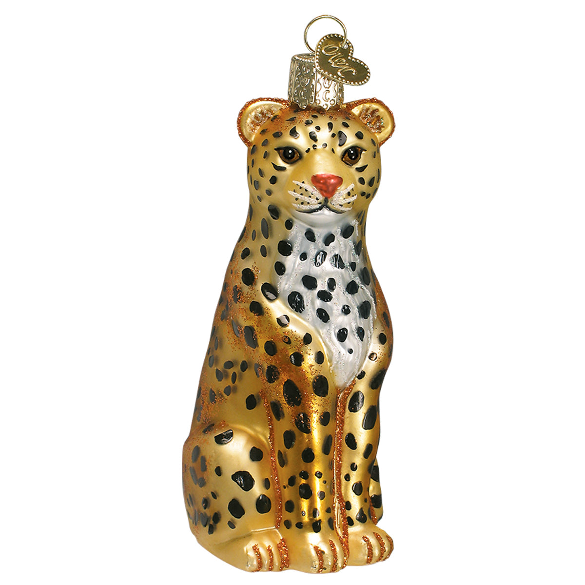 Glass ornament of a leopard on a white background