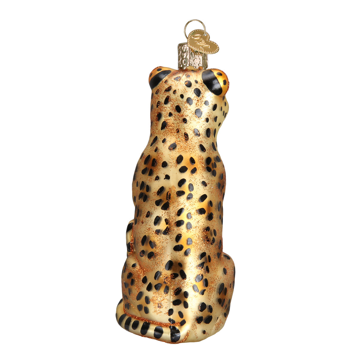 Glass ornament shaped like a cheetah on a white background