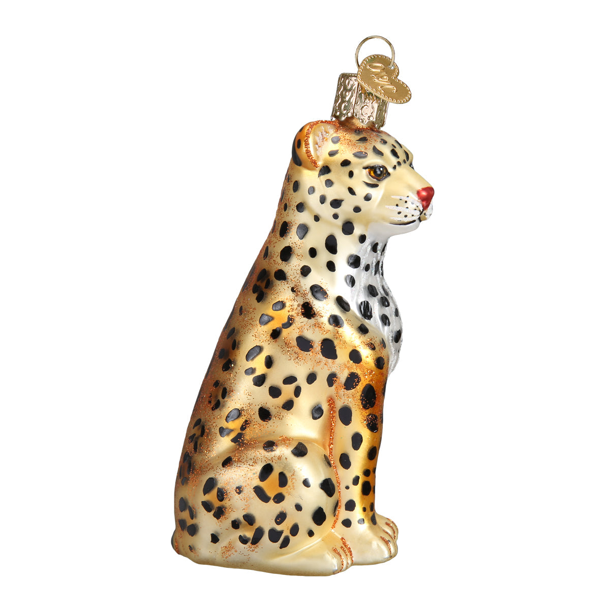 Glass ornament of a cheetah on a white background