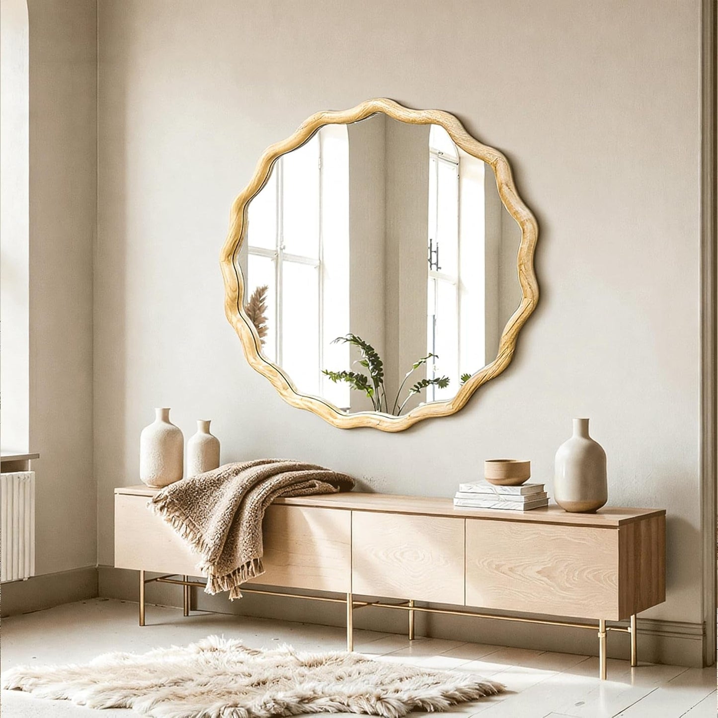 Round Wood Wall Mirror 24 Inch Shatterproof Glass Mounted